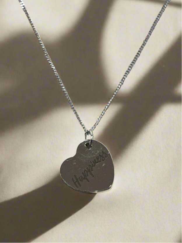 Sterling Silver Engraved Heart Necklace with “Happiness” Inscription