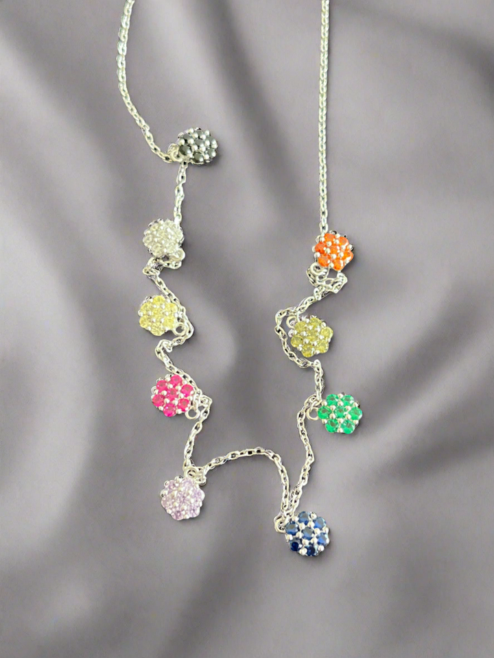 Sterling Silver Necklace with Multi-Coloured Zirconia Flowers – Vibrant Floral Elegance