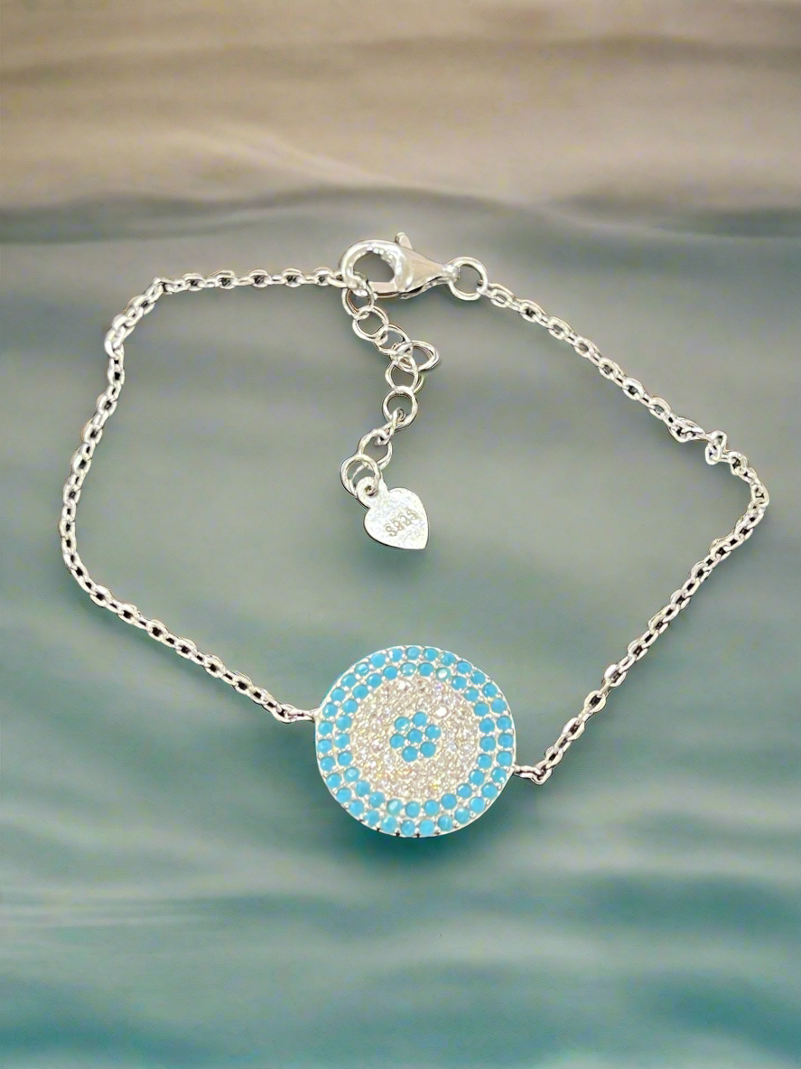 Round Sterling Silver Bracelet with Intricate Turquoise Detailing