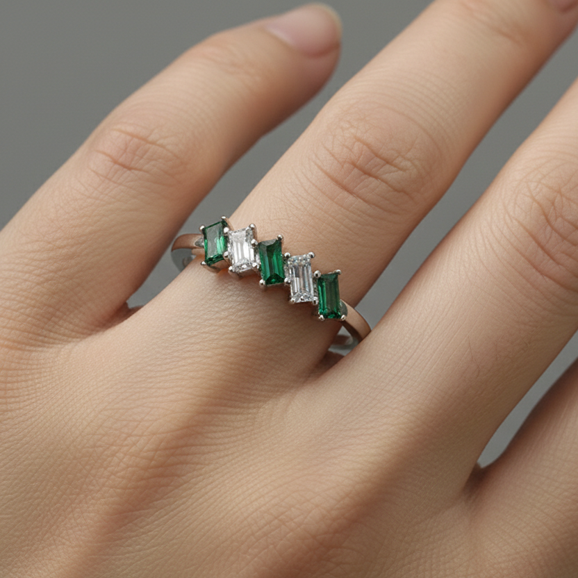 Sterling Silver Emerald & Clear CZ Baguette Ring