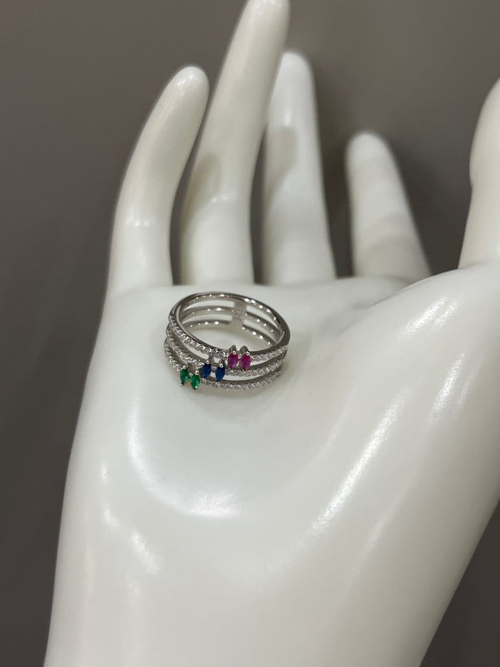 Triple Stone Ring – Sapphire, Emerald, and Ruby Zircon Ring Trio