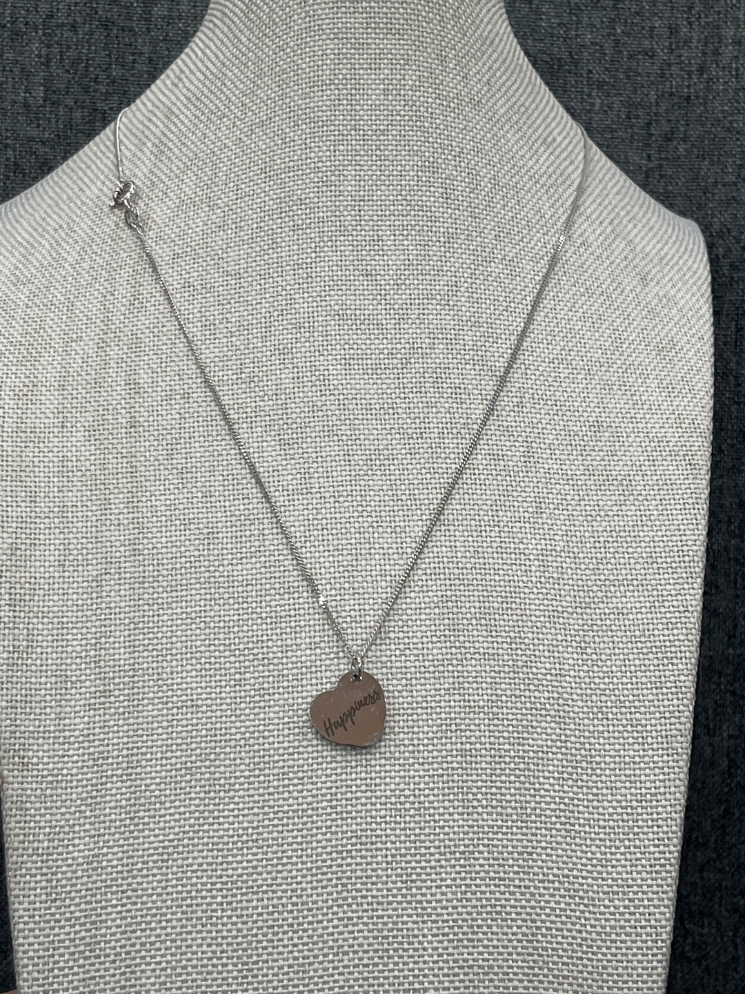 Sterling Silver Engraved Heart Necklace with “Happiness” Inscription