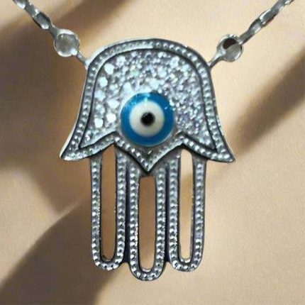 Mystical Gaze: Rhodium-Plated Sterling Silver Hand with Eye Necklace