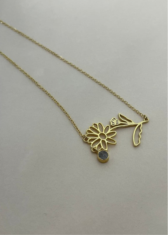 Gold-Plated Necklace with April Diamond, White Topaz & Clear Quartz Birthstones and Sweet Pea & Daisy Flowers