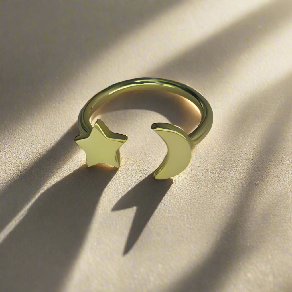 Celestial Dreams: Handmade 18 Karat Gold-Plated Star and Moon Ring