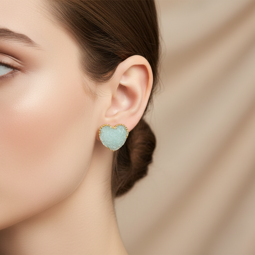 18K Gold Heart Stud Earrings - Red