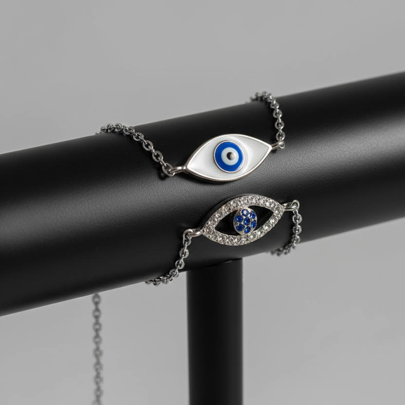 Double Evil Eye CZ Sterling Silver Bracelet - Lucky Blue