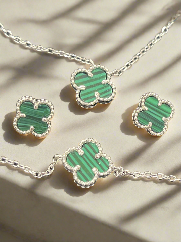 Elegant Sterling Silver Green Clover Jewellery Set – Necklace, Bracelet, and Earrings for a Timeless Look