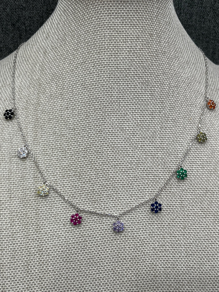 Sterling Silver Necklace with Multi-Coloured Zirconia Flowers – Vibrant Floral Elegance