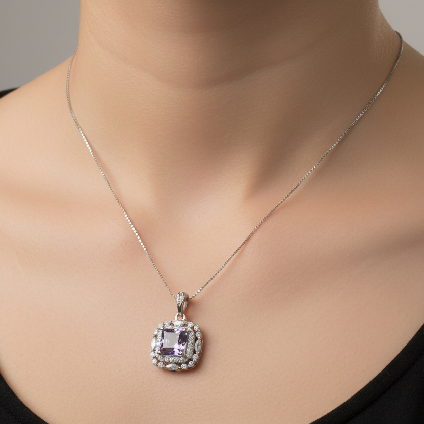Sterling Silver Square Cut Purple Zirconia
