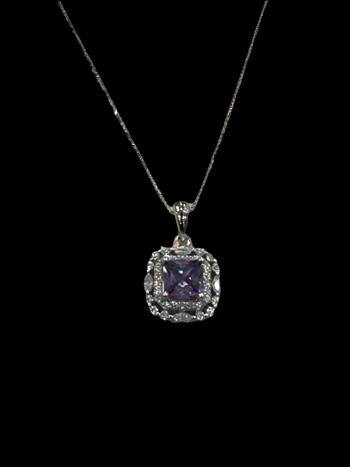 Elegant Sterling Silver Square Purple Zirconia Necklace