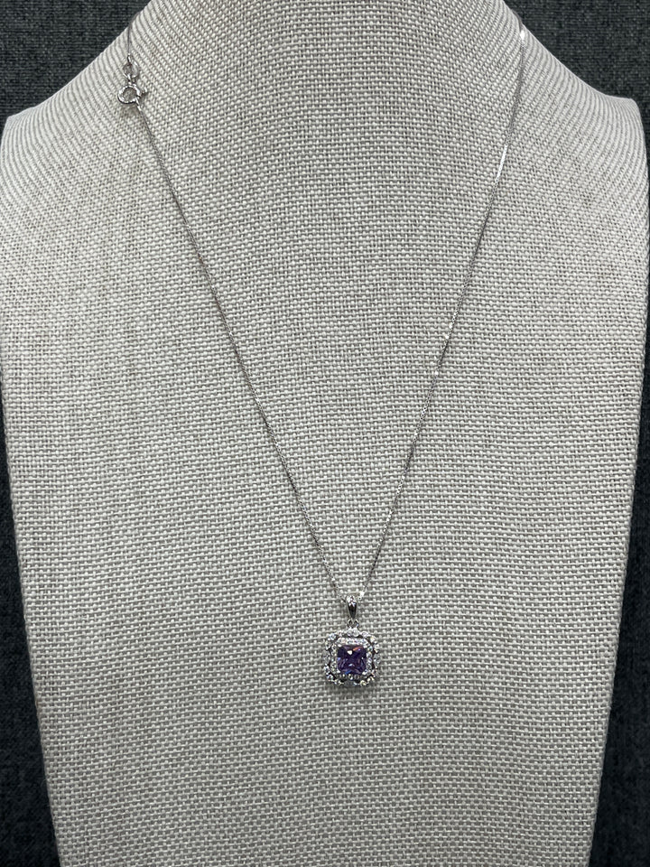 Elegant Sterling Silver Square Purple Zirconia Necklace