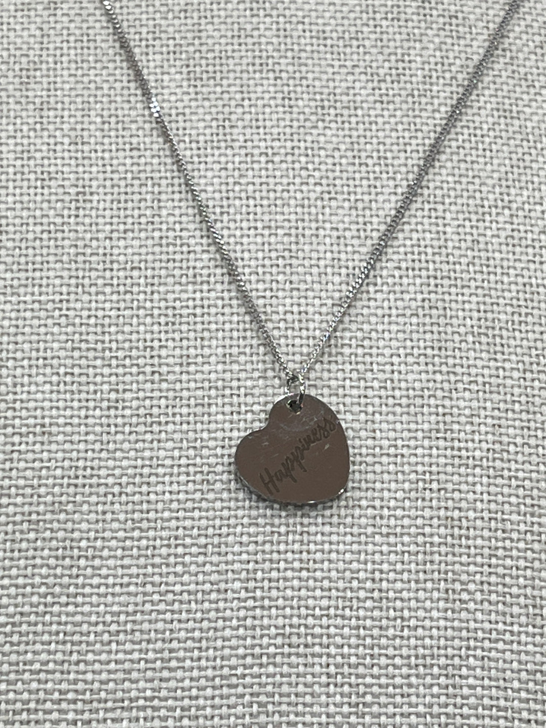 Sterling Silver Engraved Heart Necklace with “Happiness” Inscription