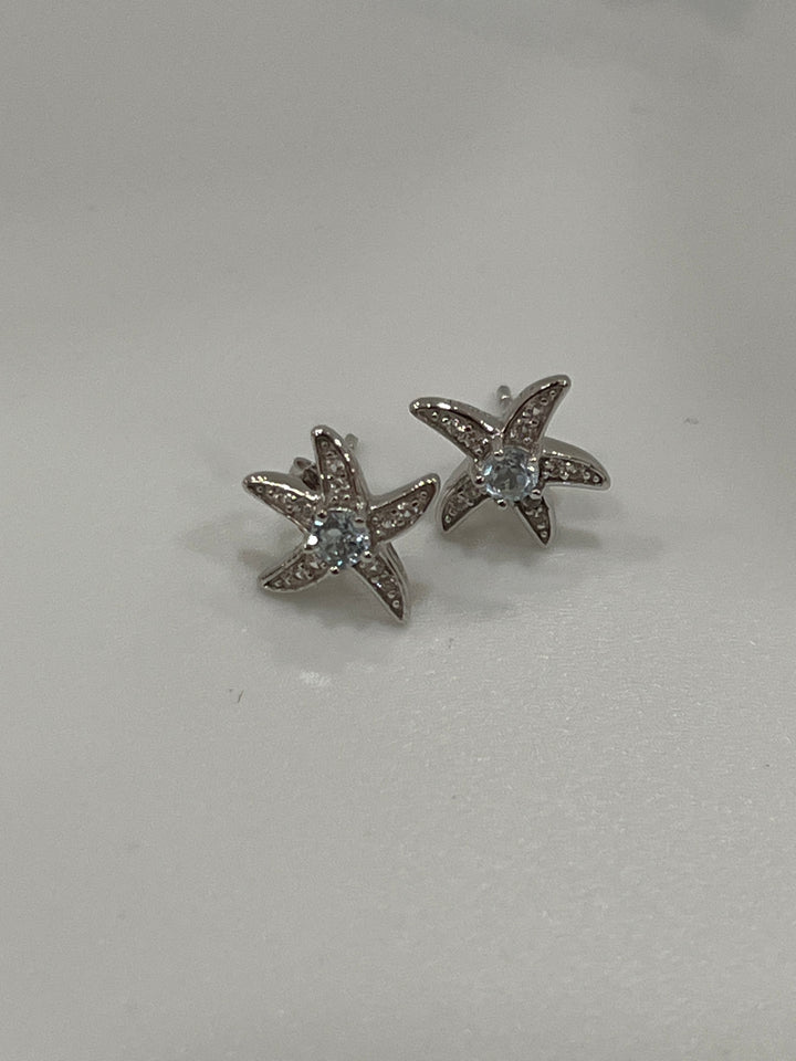 Sterling Silver Star Earrings with Light Blue and White Diamond Zirconia