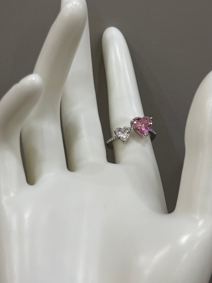 Sterling Silver Double Heart Ring with Pink and Diamond Zircon Stones