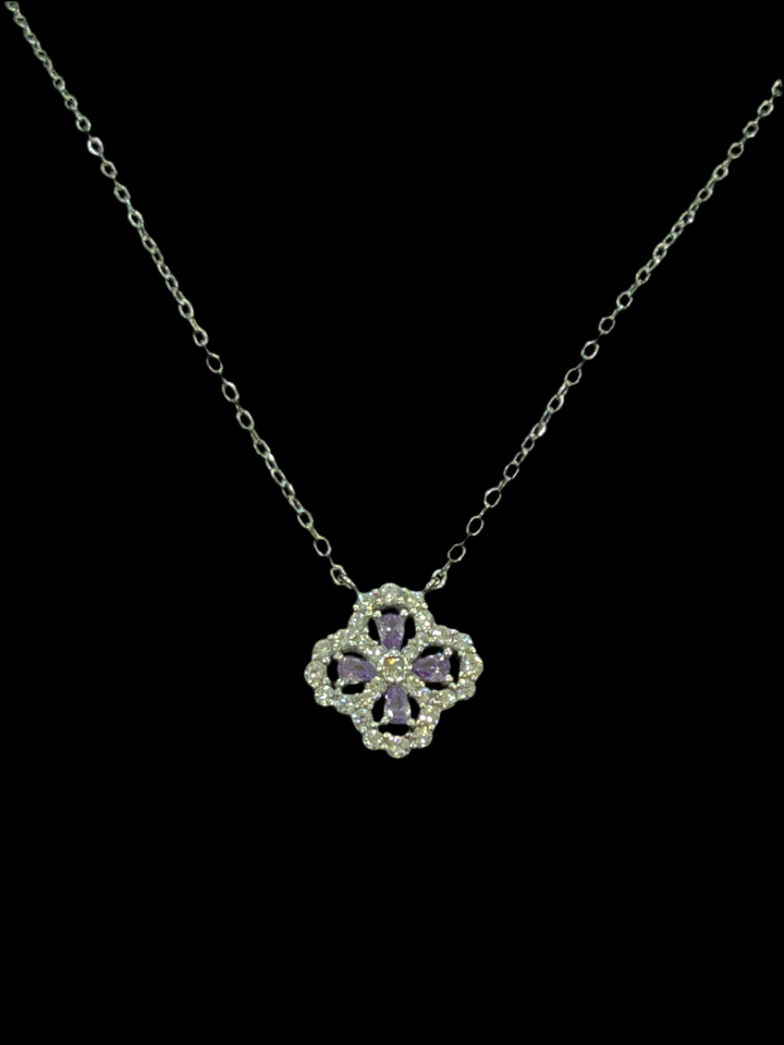 Elegant Sterling Silver Flower Necklace with Purple Zirconia