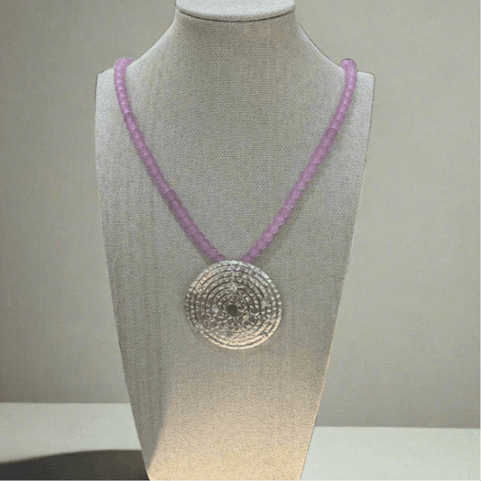 Artisanal Elegance: Handcrafted Pink Beaded Necklace with Intricate Silver Pendant - Saras Beads & Jewellery