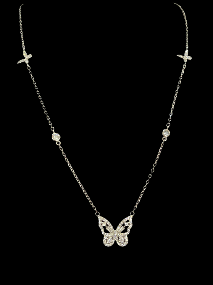 Sterling Silver Triple Butterfly Necklace – Elegant Design with One Large and Two Small Butterflies