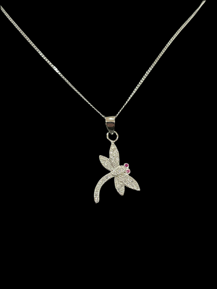 Unique Dragonfly Necklace with Tail Design & Fushia Eyes