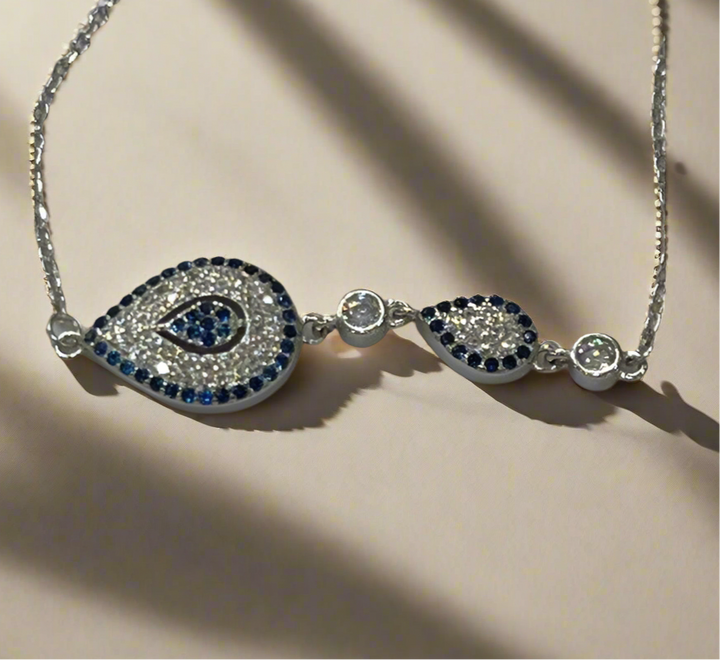 Unique Sterling Silver Evil Eye Double Rhombus & Diamond Zirconia Bracelet