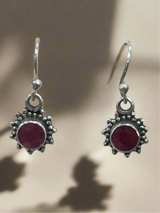 Exquisite Sterling Silver Dangling Earrings with Ruby Red Sunshine