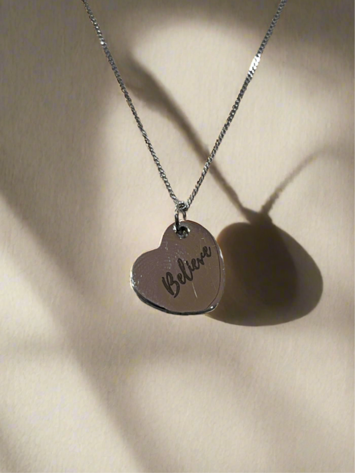 Sterling Silver Engraved Heart Necklace with “Believe” Inscription