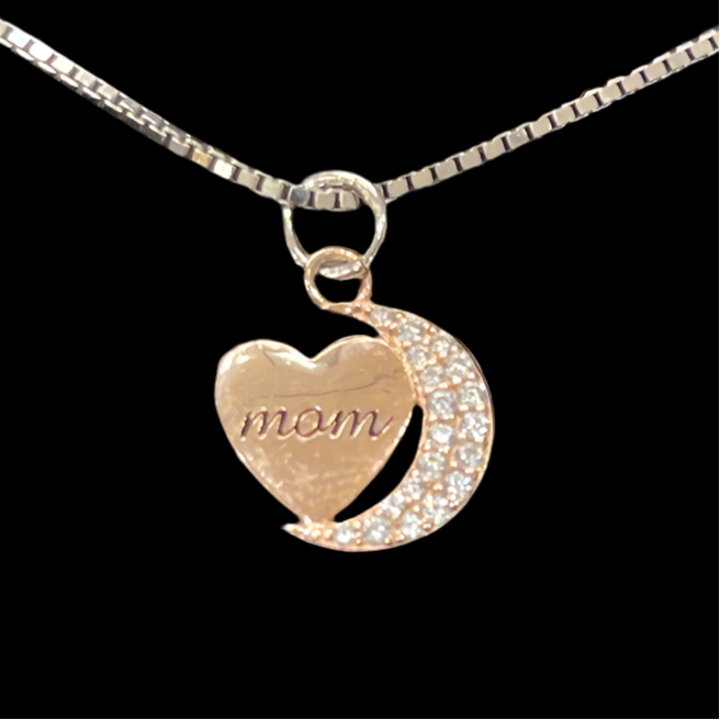 Engraved 'Mom' Heart Necklace with Moon Design