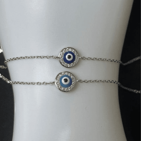 Double Orb Evil Eye Sterling Silver Bracelet - Light Blue Evil Eye Bracelet