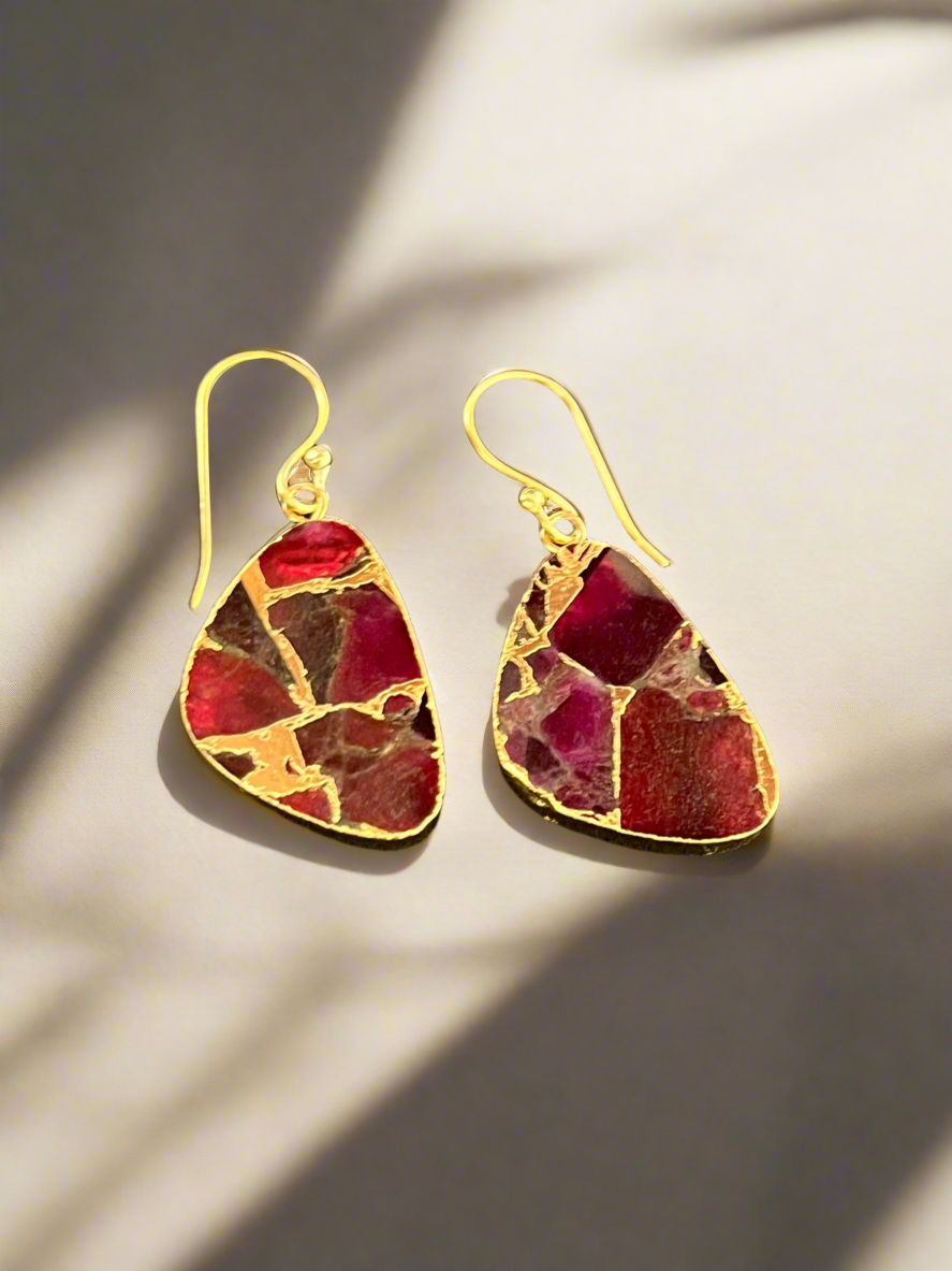 Triangular Gold-Plated Ruby Earrings