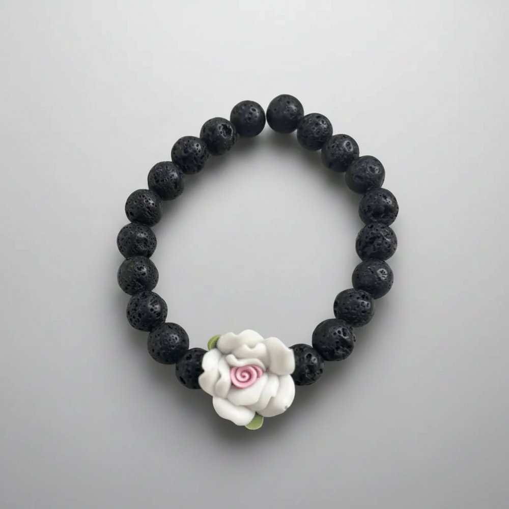 Handmade Flower Beaded Bracelet in Red & White - Red Flower