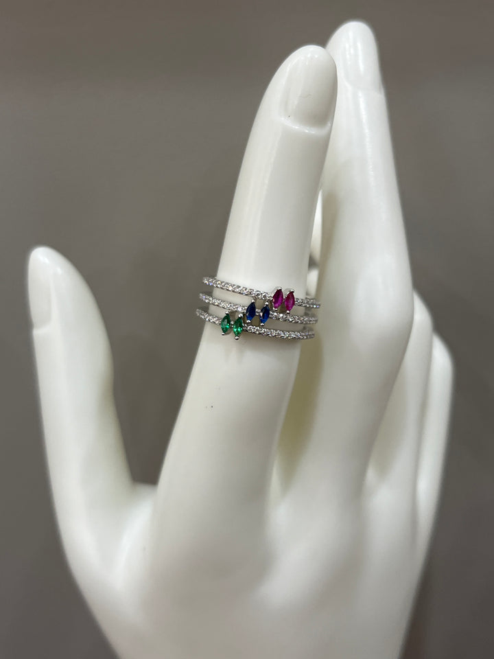 Triple Stone Ring – Sapphire, Emerald, and Ruby Zircon Ring Trio