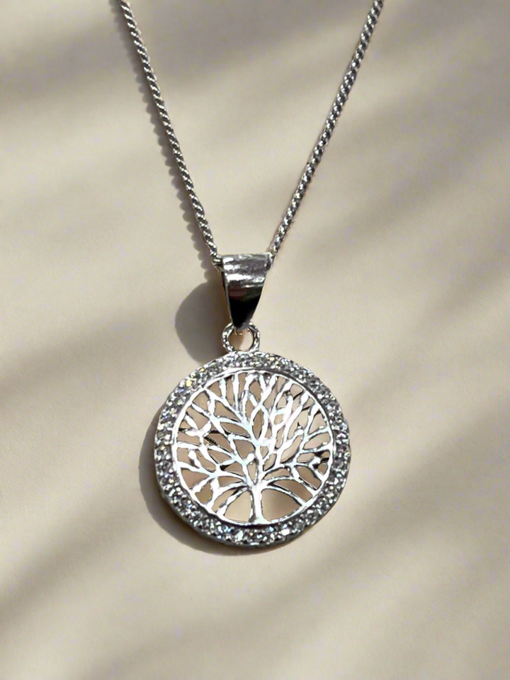 Elegant Sterling Silver White Tree of Life Necklace – Symbolic and Stylish Jewelry Piece