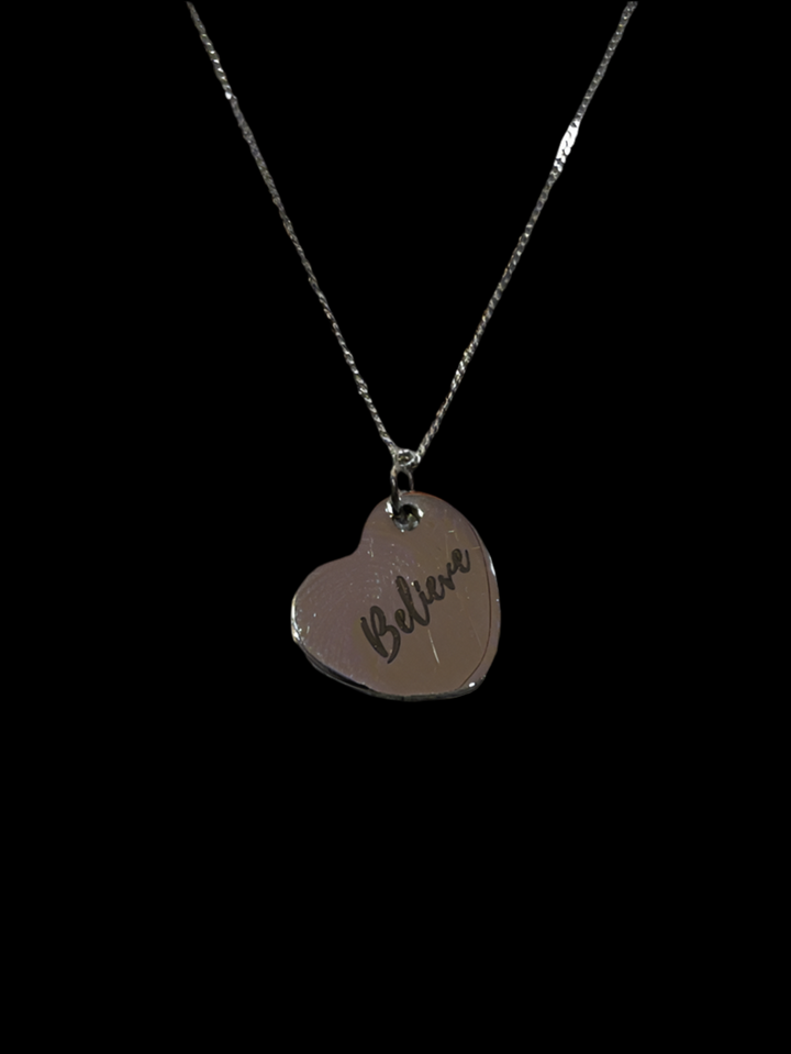 Sterling Silver Engraved Heart Necklace with “Believe” Inscription