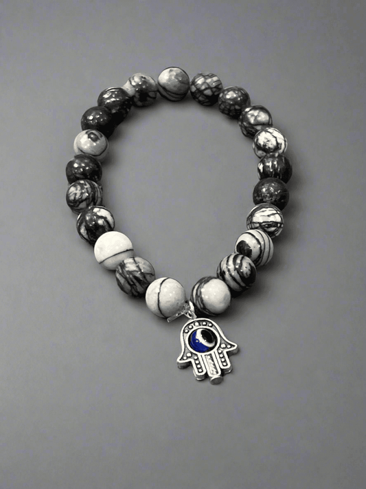 Handmade Harmonizing Shades of Onyx with Hamsa Hand Evil Eye Blend - Saras Beads & Jewellery