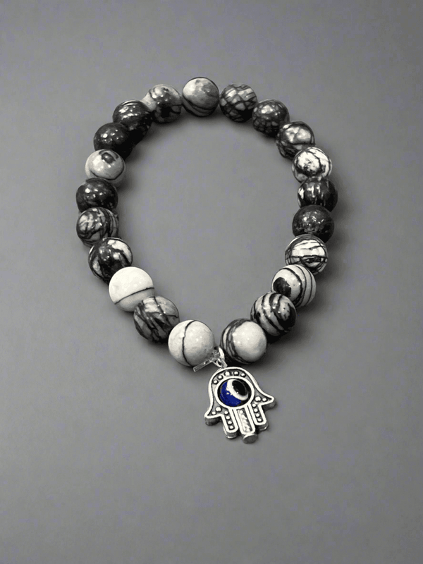 Handmade Harmonizing Shades of Onyx with Hamsa Hand Evil Eye Blend - Saras Beads & Jewellery