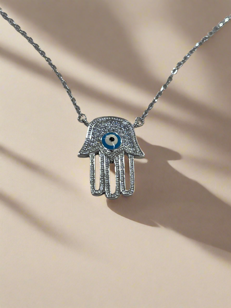 Mystical Gaze: Rhodium-Plated Sterling Silver Hand with Eye Necklace