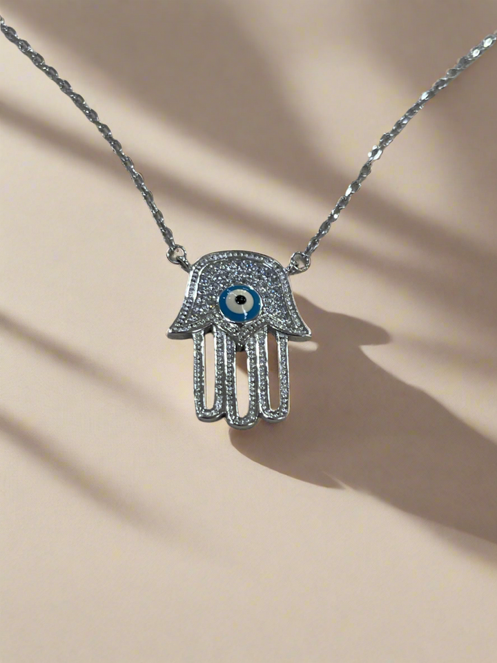 Mystical Gaze: Rhodium-Plated Sterling Silver Hand with Eye Necklace