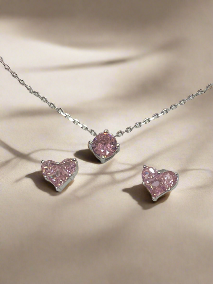 Pink Stud Earrings and Necklace Set