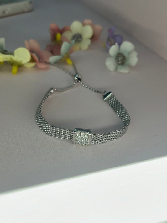 Squared Brilliance: Sterling Silver Square Diamond Glass Bracelet