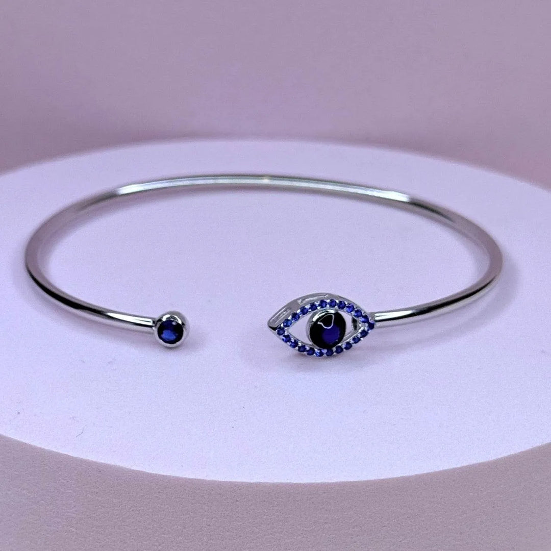 Sterling Silver Bangle with Evil Eye Charm – Protection and Style Combined - Saras Beads & Jewellery