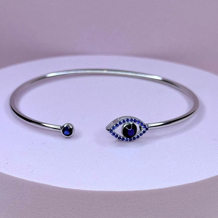 Sterling Silver Bangle with Evil Eye Charm – Protection and Style Combined - Saras Beads & Jewellery