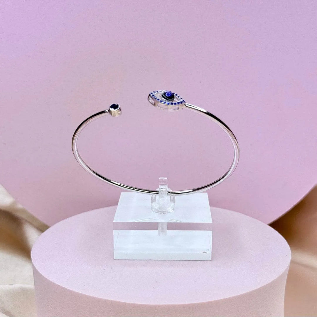Sterling Silver Bangle with Evil Eye Charm – Protection and Style Combined - Saras Beads & Jewellery