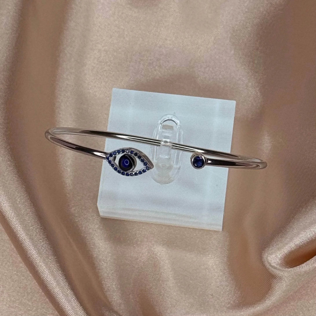 Sterling Silver Bangle with Evil Eye Charm – Protection and Style Combined - Saras Beads & Jewellery