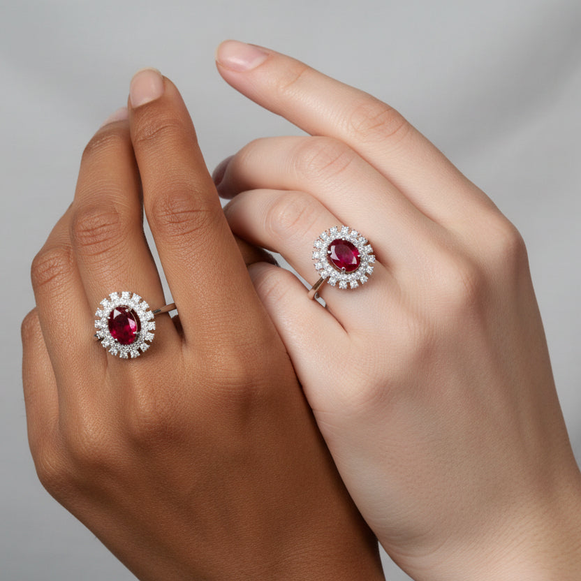 Sterling Silver Red Cubic Zirconia Halo Ring