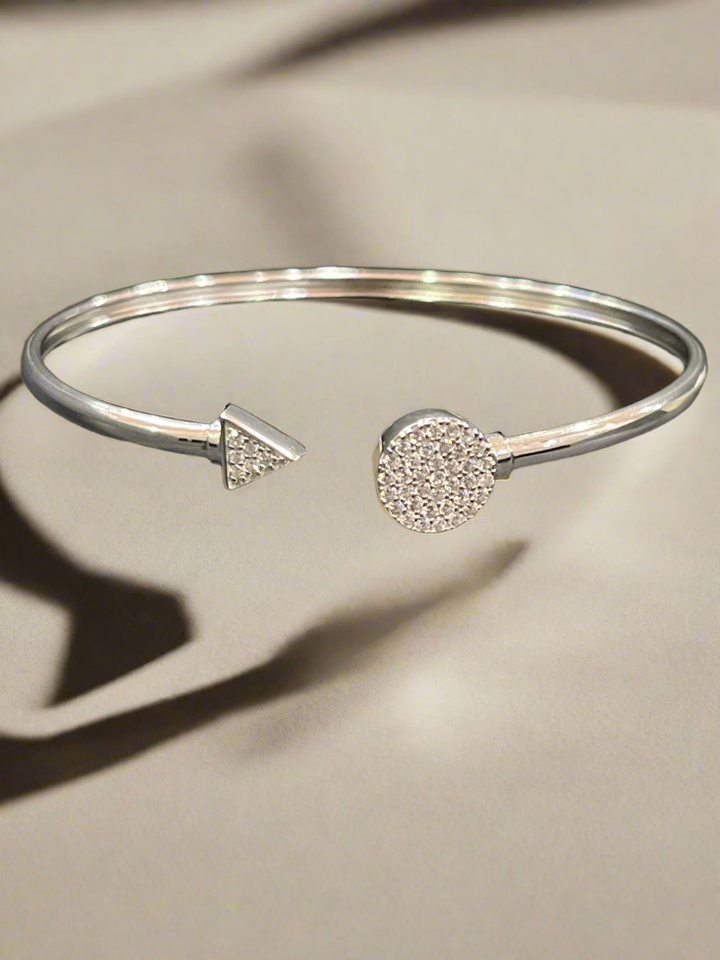 Sterling Silver Round and Triangle Bangle with Shiny Rhodium-Plated Zirconia