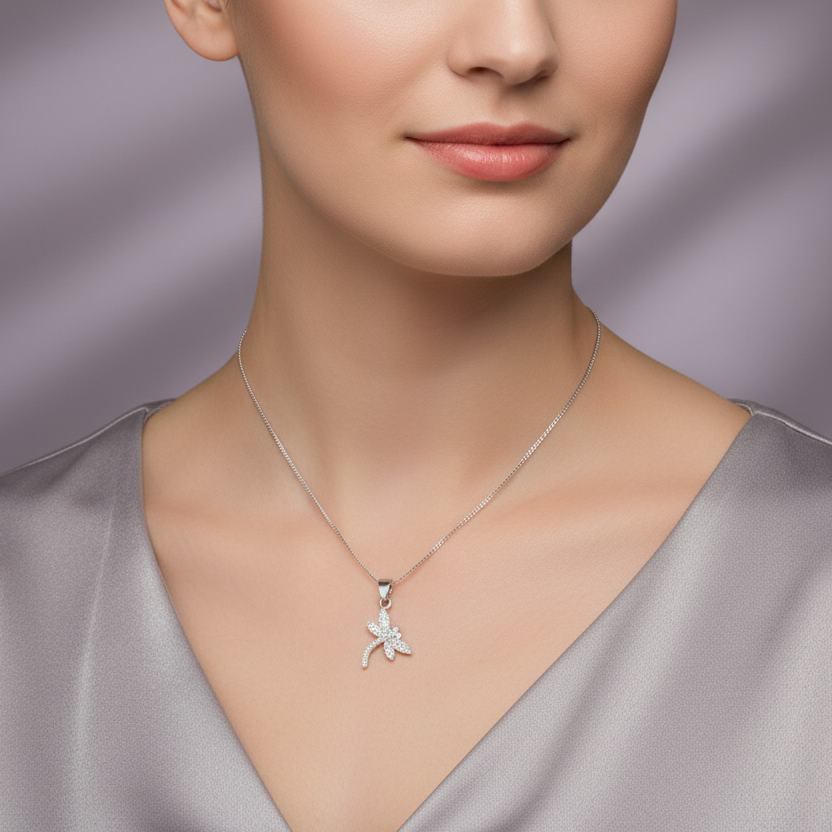Sterling Silver Dragonfly Necklace - Fuchsia Eyes