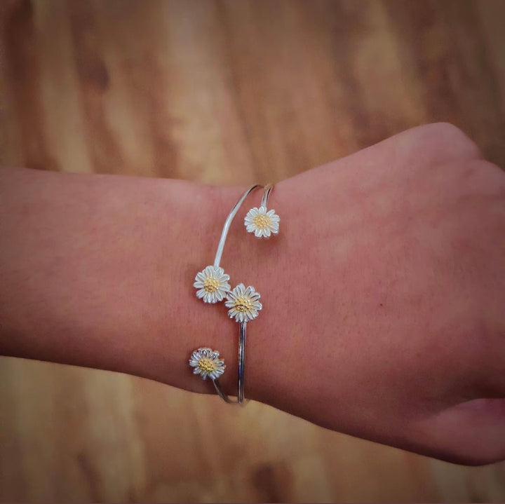 Handmade Sterling Silver Bangle with Four Daisies