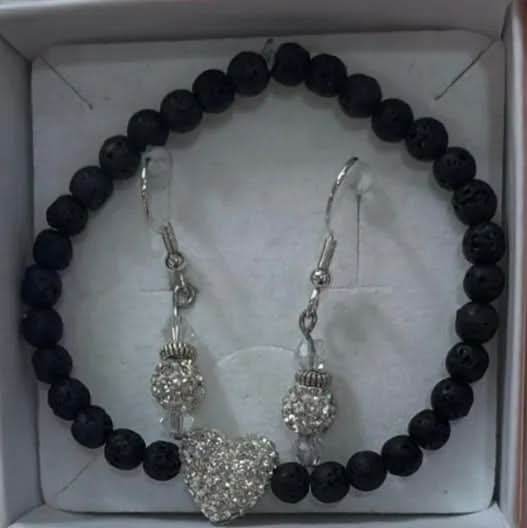Sparkling Love Earrings & Bracelet – Black Lava Jewellery Set - Saras Beads & Jewellery