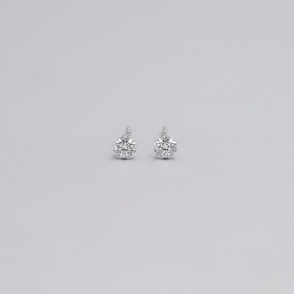 A close-up of a hand displaying a pair of small silver stud earrings with clear round-cut stones.