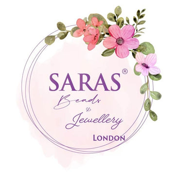 SARAS Beads & Jewellery London logo with floral elements on a pink 